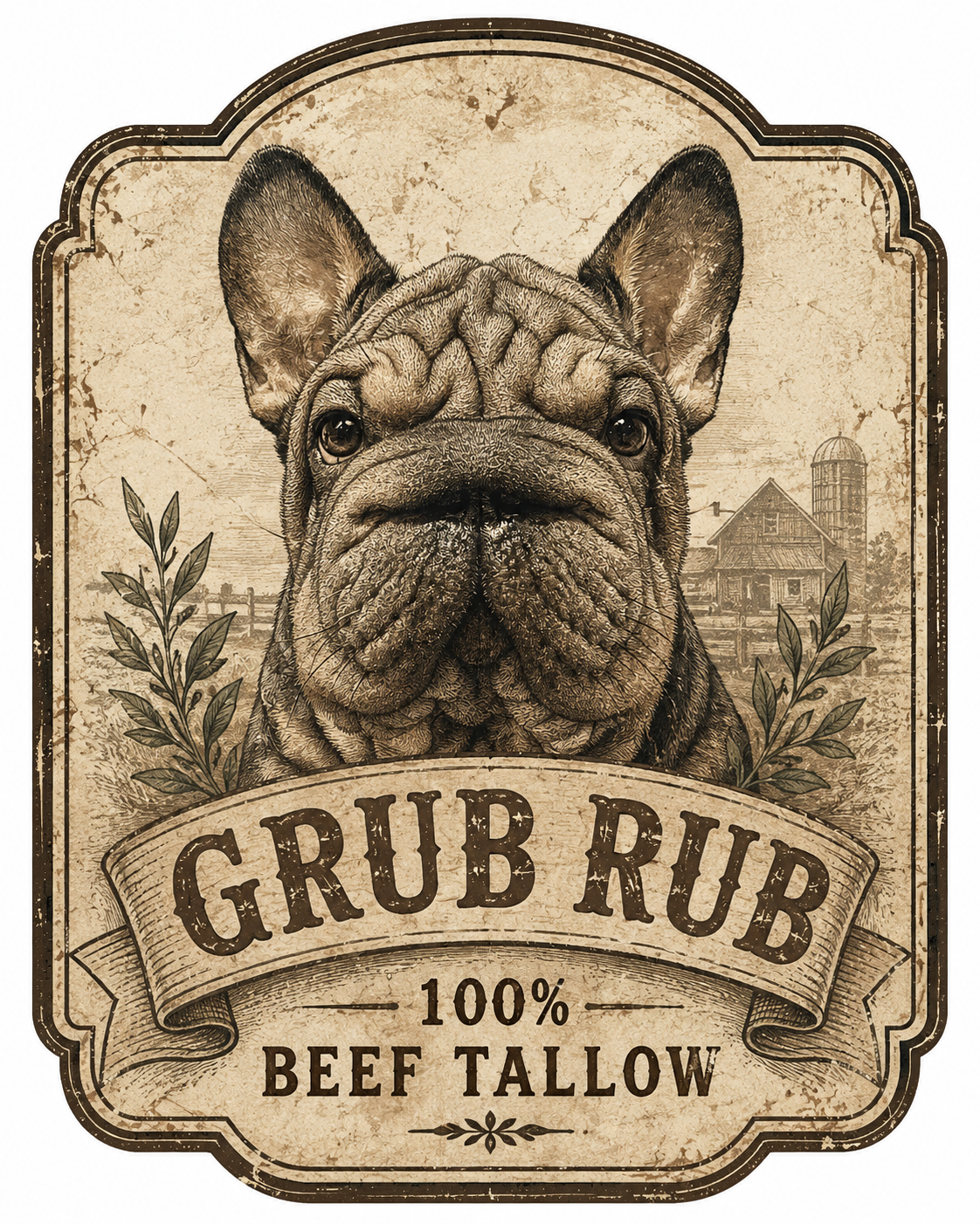 Grub Rub 100% Beef Tallow logo featuring a French bulldog