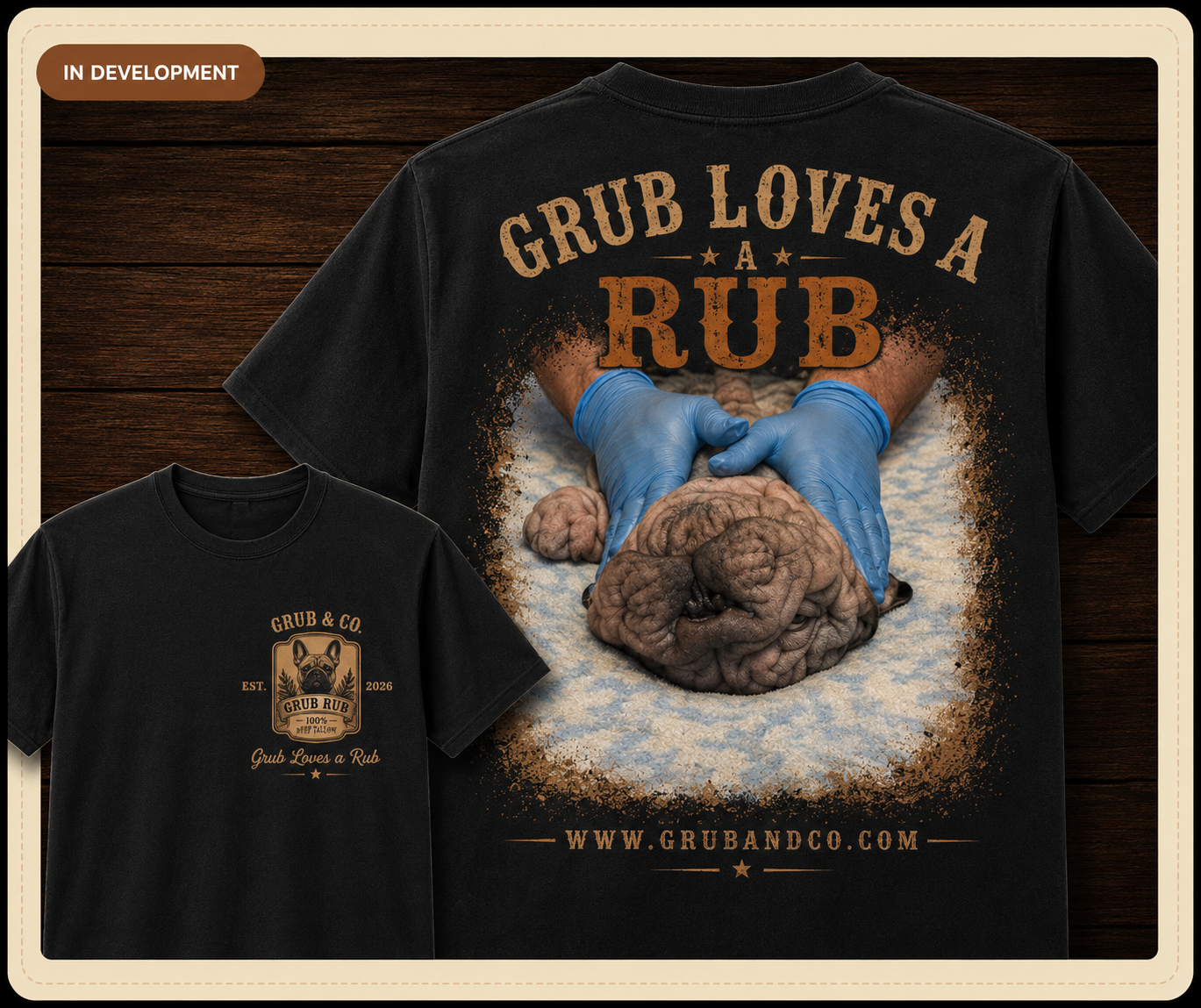 Grub Loves a Rub T-shirt concept showing Grub getting a rub